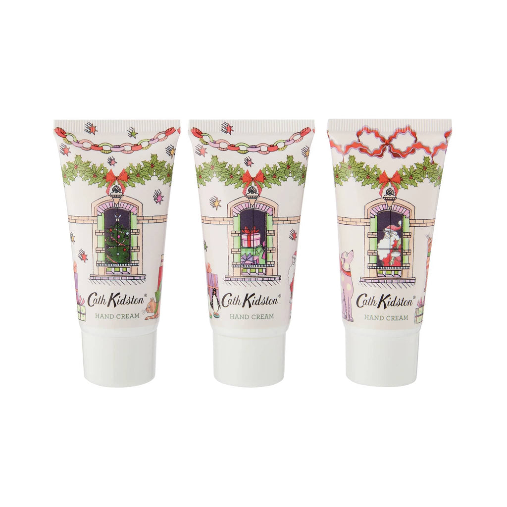 Heathcote & Ivory Cath Kidston Red Berry & Cedar Hand Cream Trio in tube packaging.