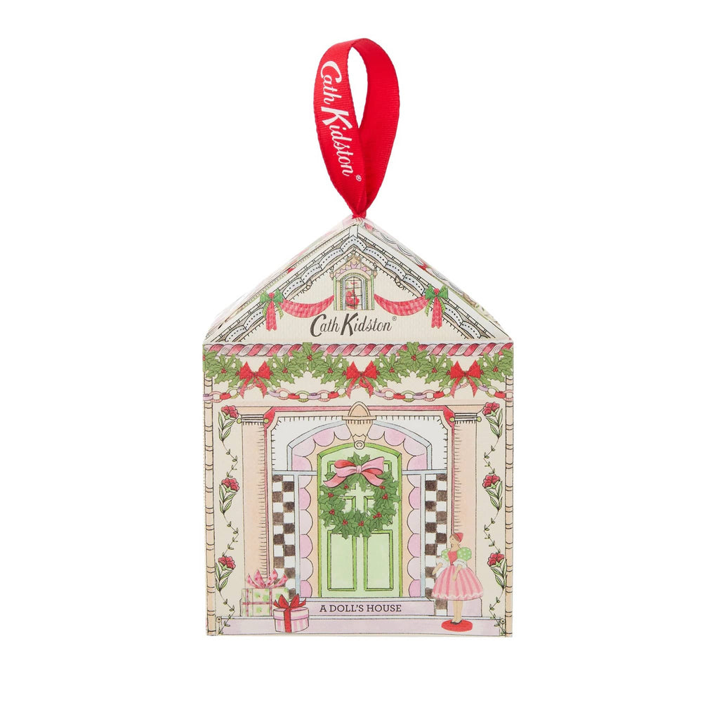 Heathcote & Ivory Cath Kidston A Doll's House Gift Set in house-shaped box packaging with ribbon hanging loop, front view.