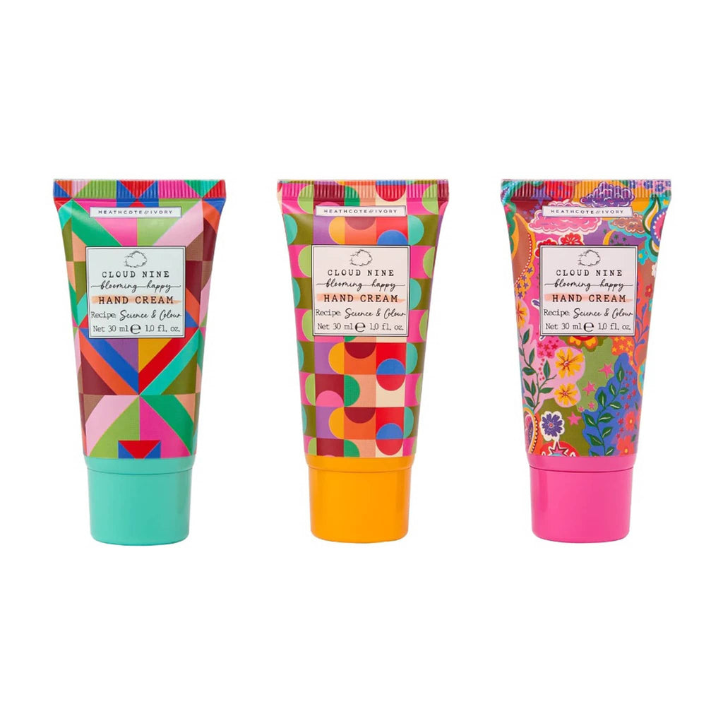 Heathcote & Ivory Cloud Nine Blooming Happy Hand Cream Trio in colorful patterned tubes, set of 3.