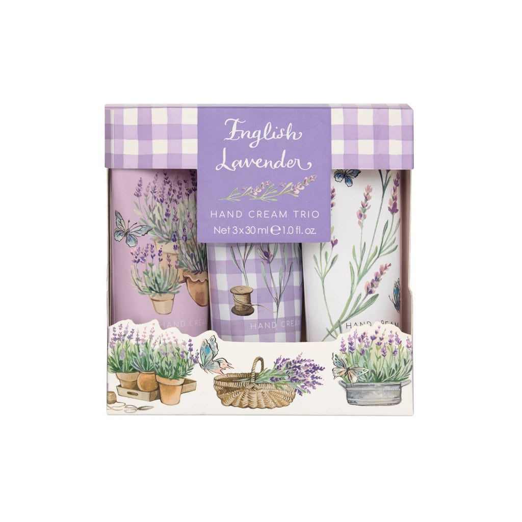 Heathcote & Ivory English Lavender hand cream trio in illustrated box packaging.