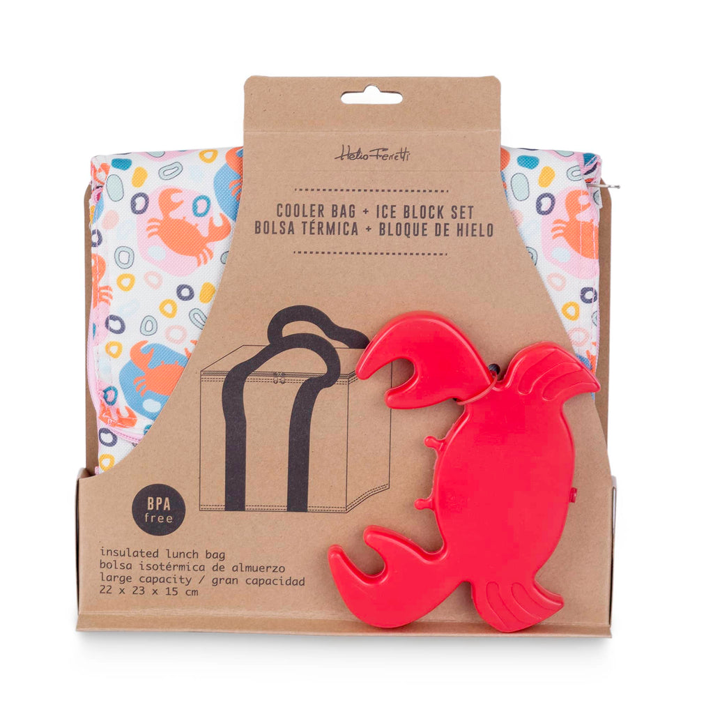 Helio Ferretti Insulated cooler bag with crab shaped ice pack in packaging.