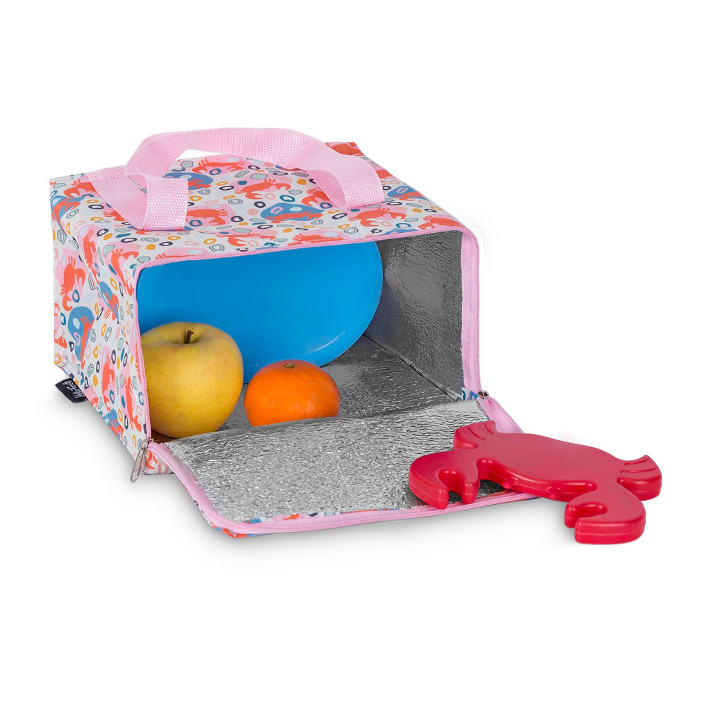 Helio Ferretti Insulated cooler bag with crab shaped ice pack, bag open showing fruit inside.