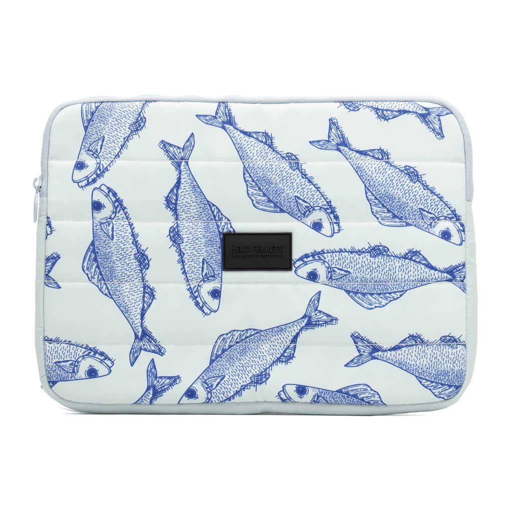 Helio Ferretti light blue Pisces fish print padded laptop sleeve, front view.