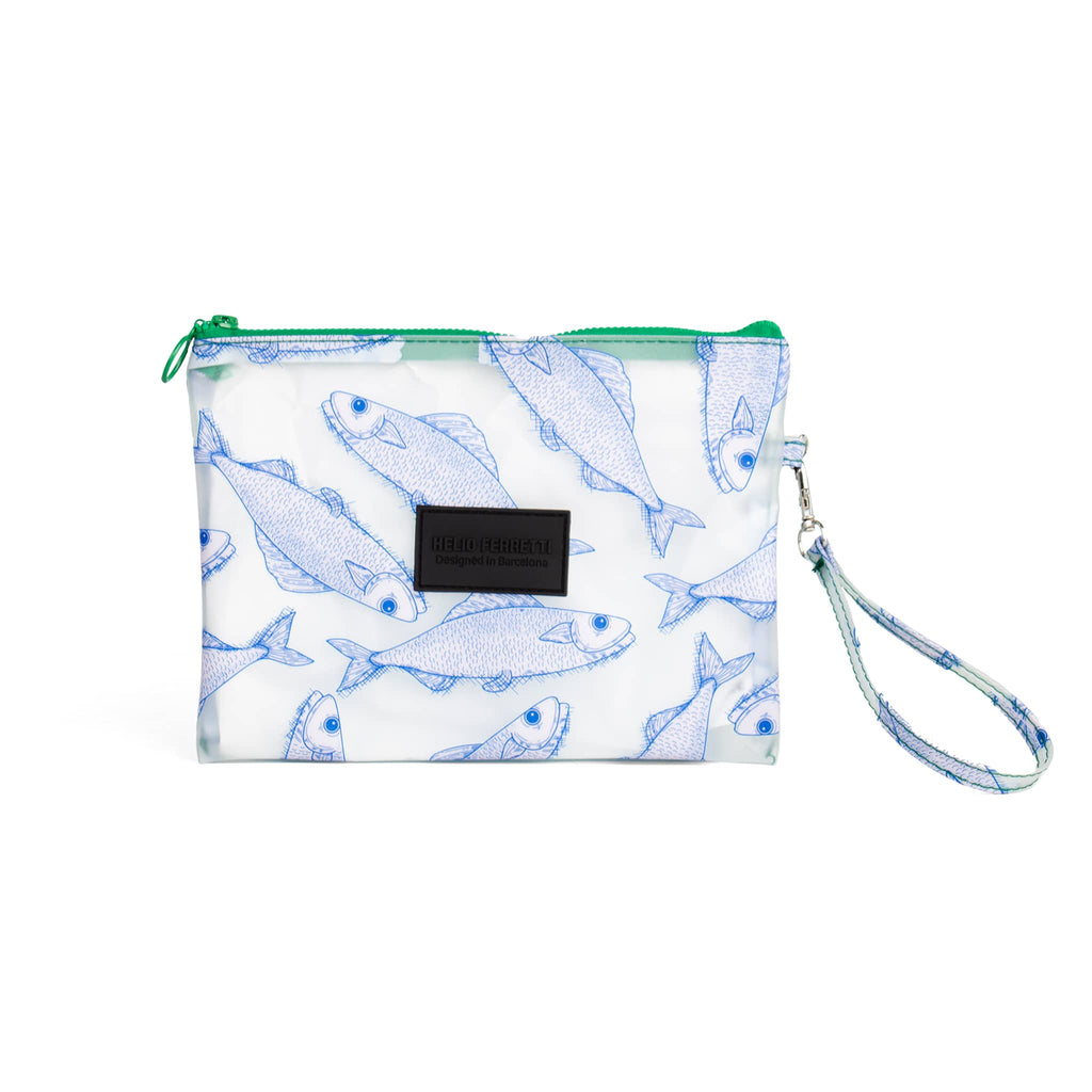 Helio Ferretti Light Blue Pisces fish print plastic zip pouch with carry loop, front view.