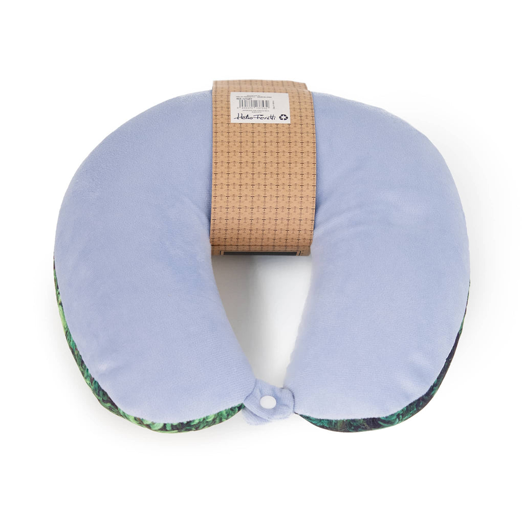 Bottom of travel neck pillow with a light blue velvet fabric covering.