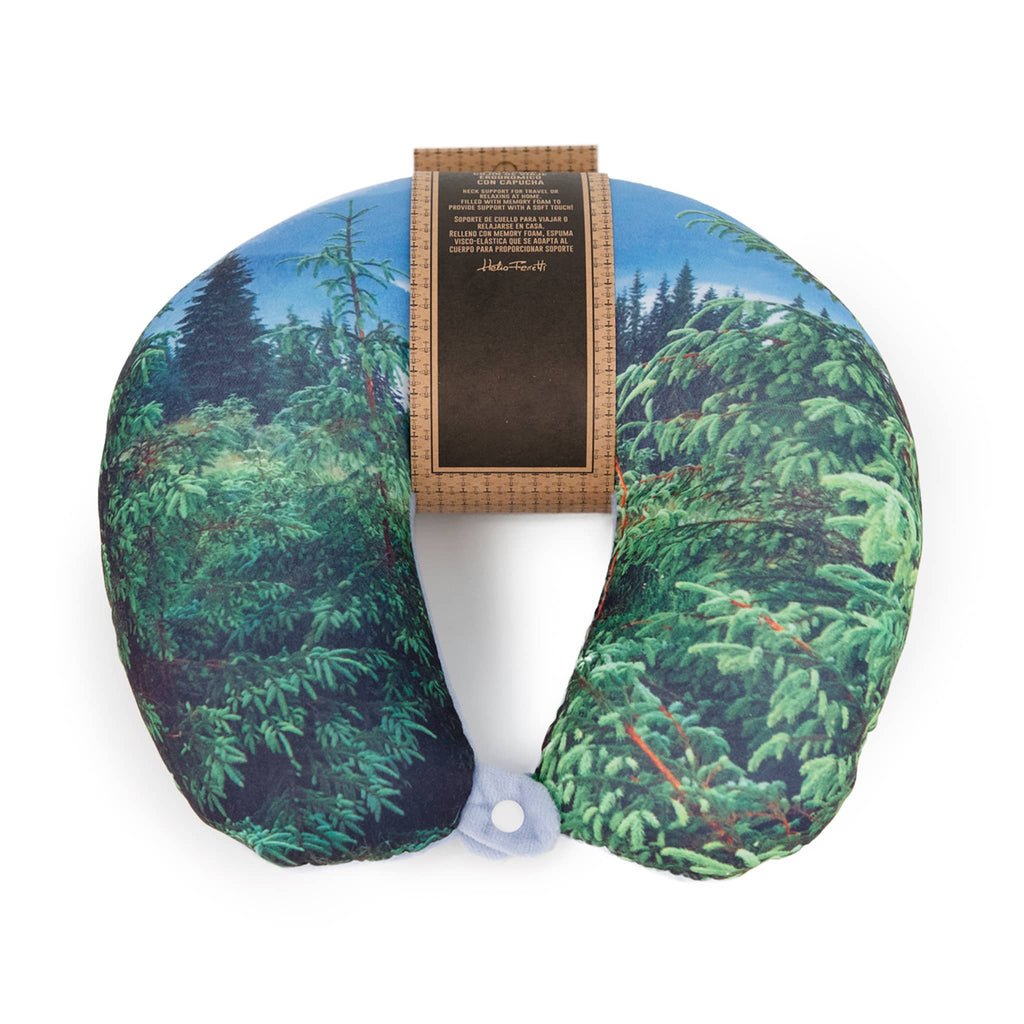 Neck pillow with forest design and packaging on a white background.