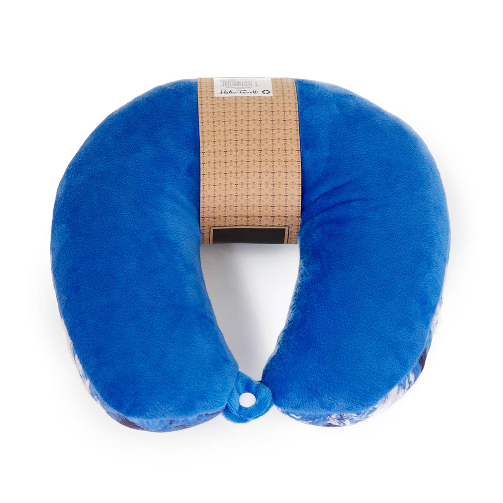 Bottom of a travel neck pillow with blue velvet fabric covering and bellyband packing, on a white background.