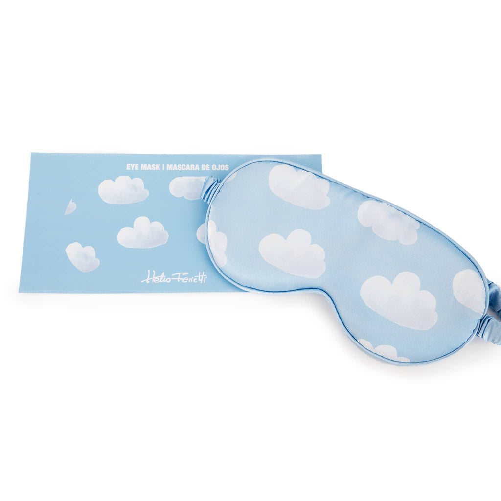 Helio Ferretti Cloudy Dream pale blue satin sleep mask with white clouds, front view with insert.