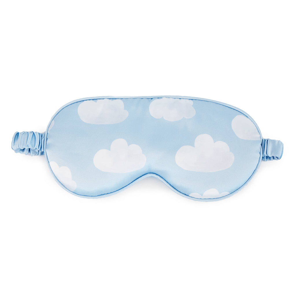 Helio Ferretti Cloudy Dream pale blue satin sleep mask with white clouds, front view.
