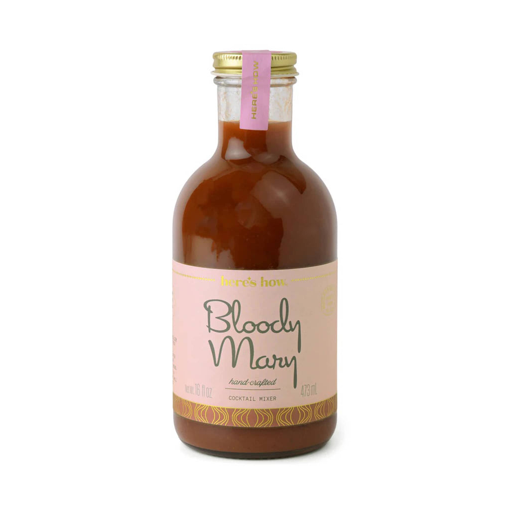 Here's How Hand-crafted Bloody Mary Cocktail Mixer in glass bottle with pink label, front view.