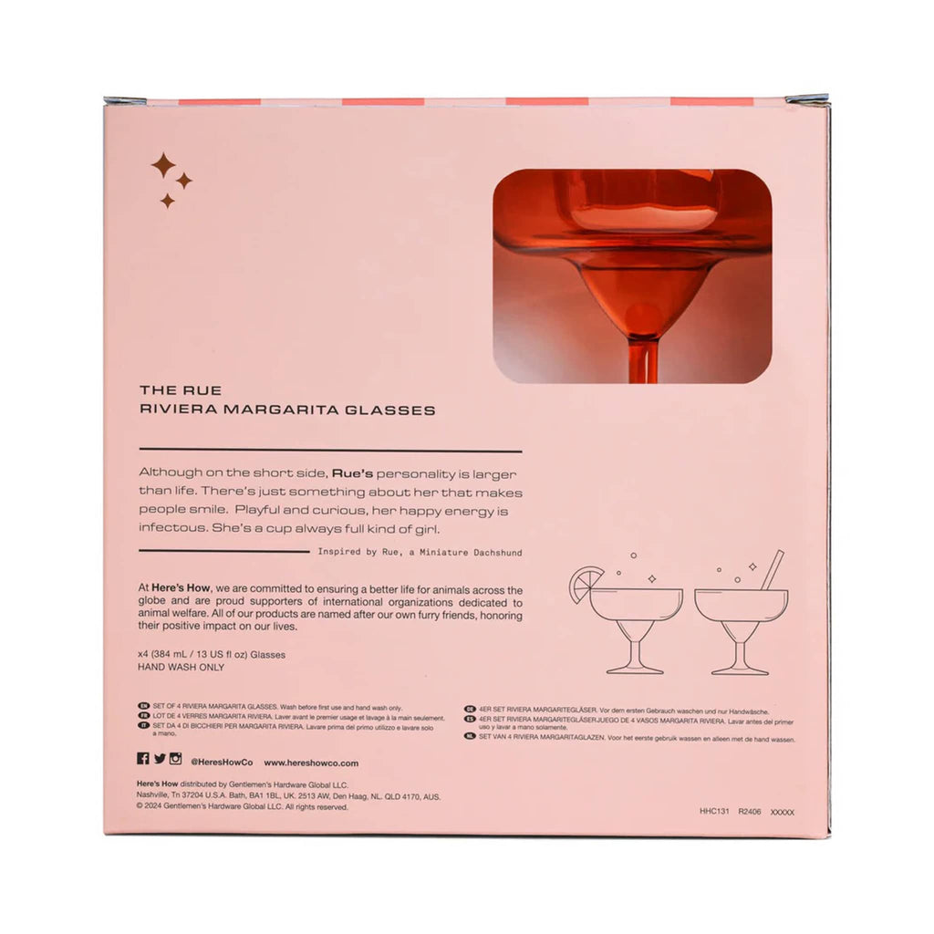 Here's How The Rue Riviera Margarita Glasses in orange, set of four in melon striped box packaging, back view.