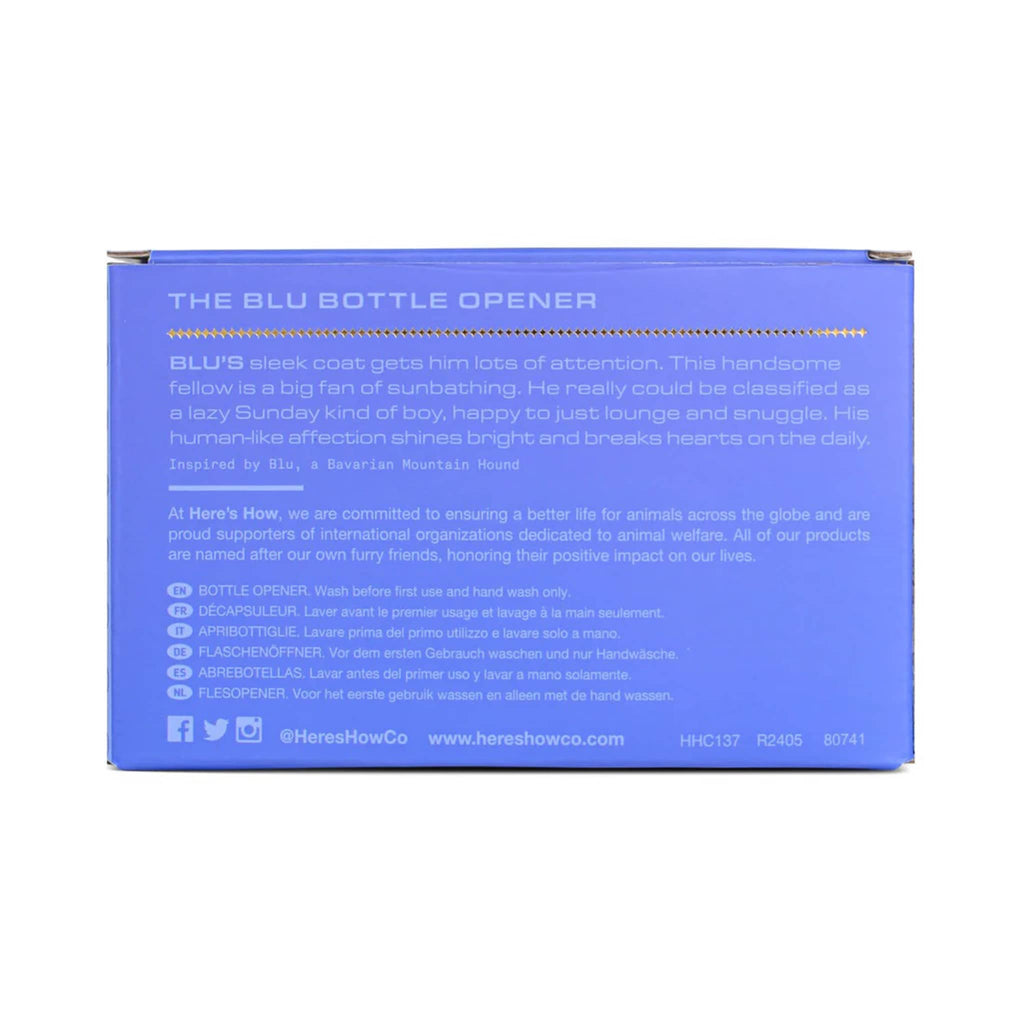 Here's How The Blu Gold Stainless Steel Bottle Opener in blue box packaging, back view.