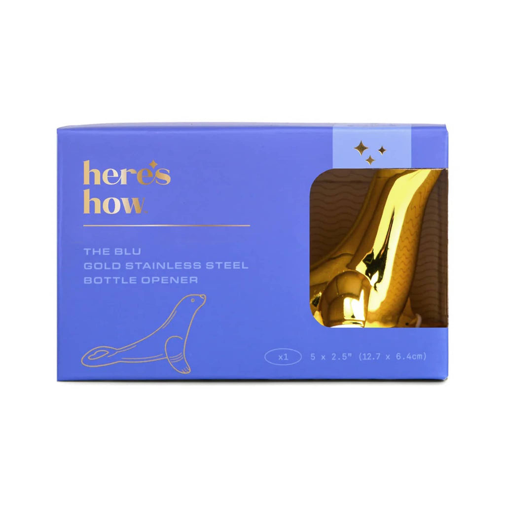 Here's How The Blu Gold Stainless Steel Bottle Opener in blue box packaging, front view.