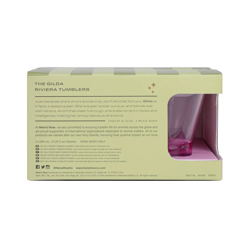 Here's How The Gilda Riviera Tumblers in Lilac, set of four in green striped box packaging, back view.