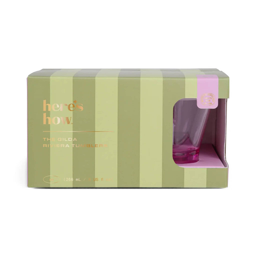 Here's How The Gilda Riviera Tumblers in Lilac, set of four in green striped box packaging, front view.