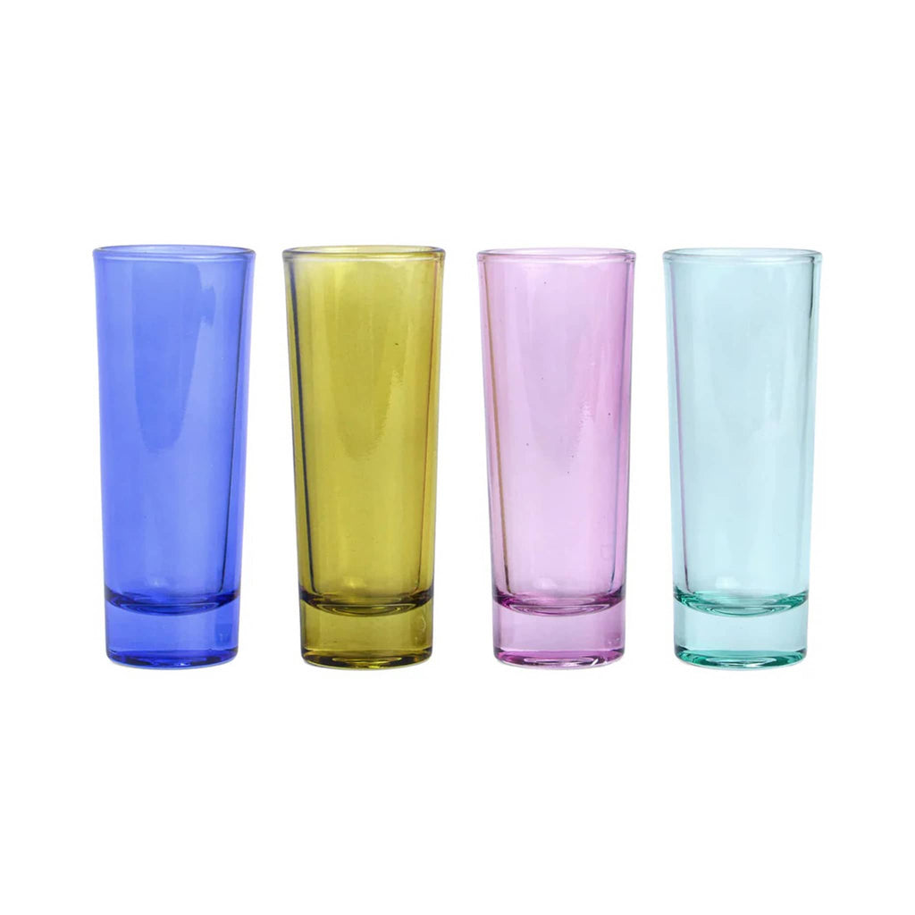 Here's How The Gracie Colorful Shot Glasses, set of 4 in a row from left to right: cobalt blue, olive green, lilac and mint green.