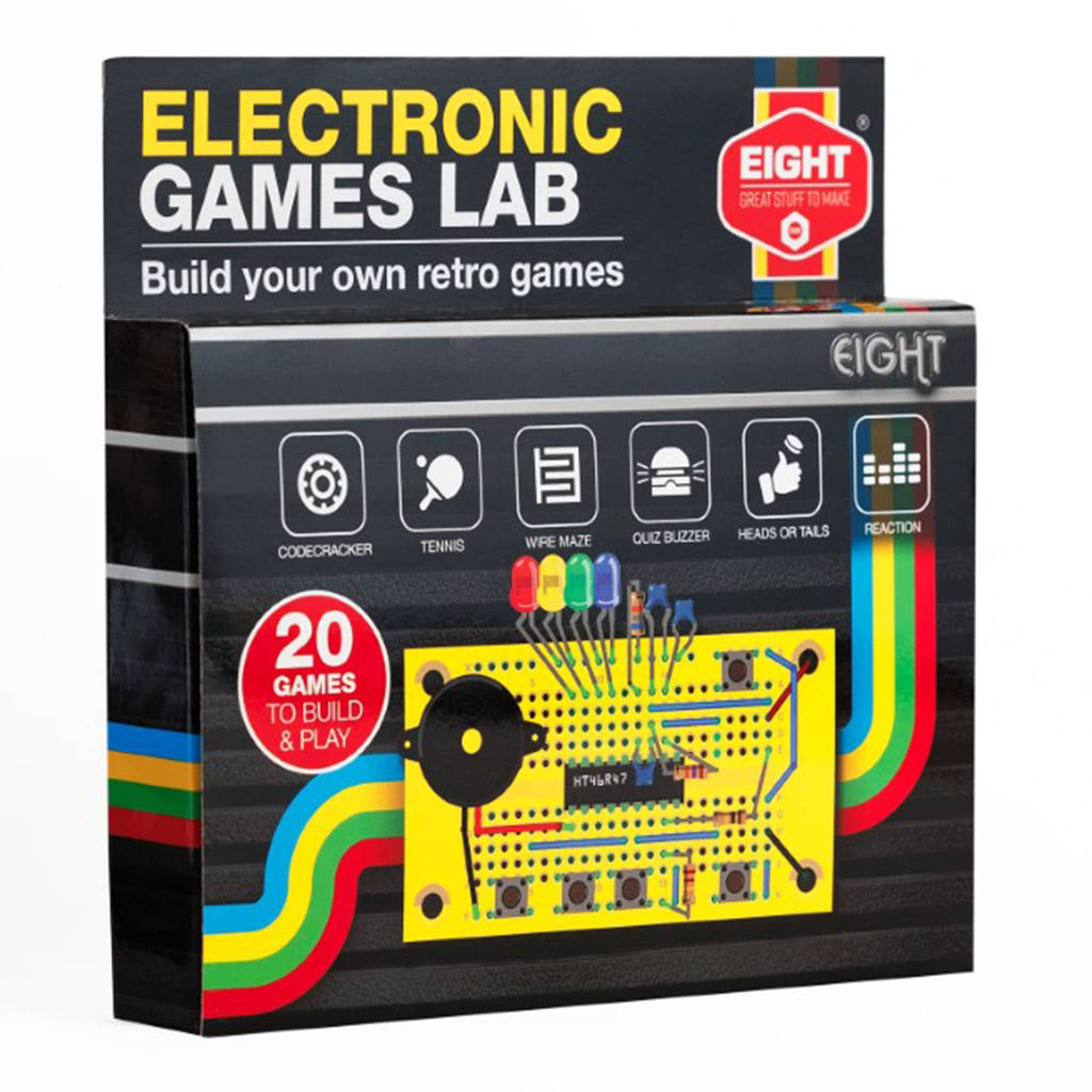 HQ Kites Eight Retro Electronic Games Lab Kit in box packaging, front view.