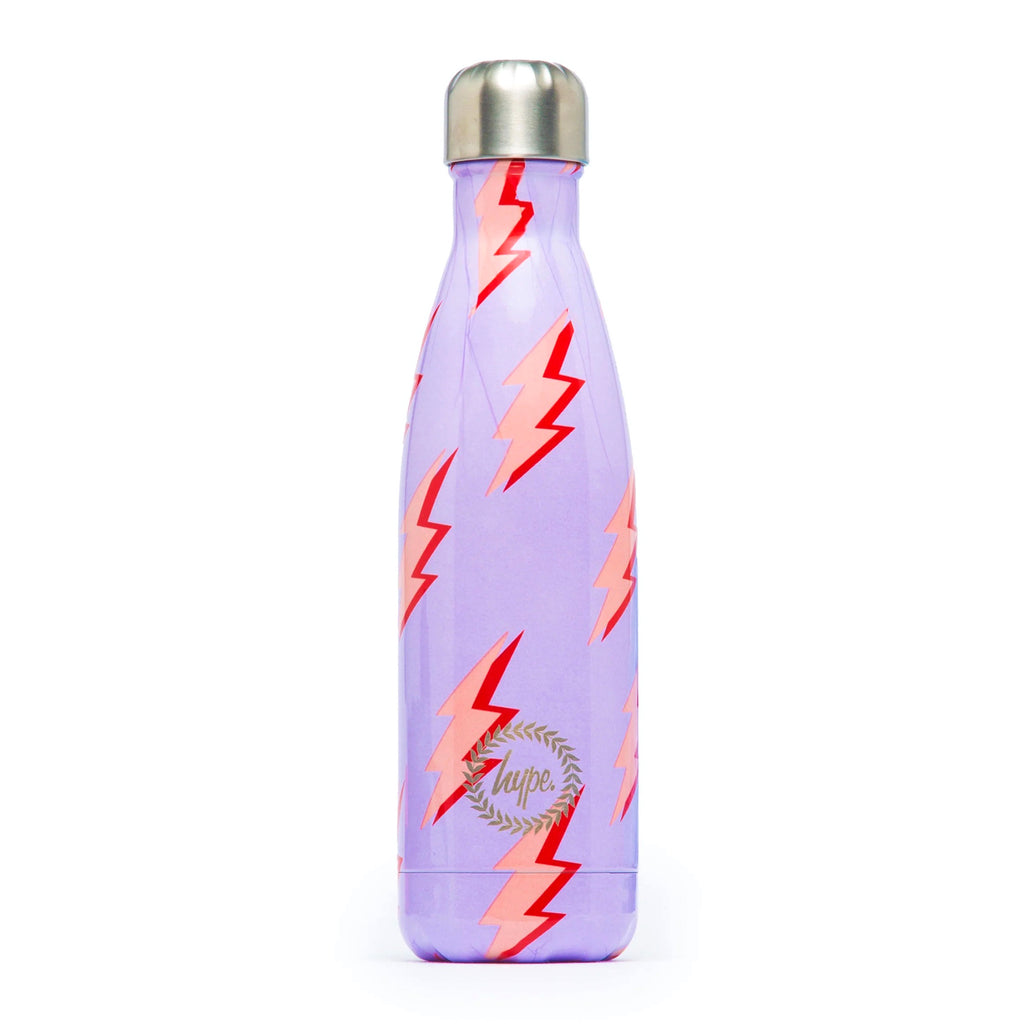 Hype 17.5 ounce aluminum and stainless steel insulated water bottle in Lilac Lightning with an all-over lightning bolt print in pastel pink, peach and red, front view with hype crest.