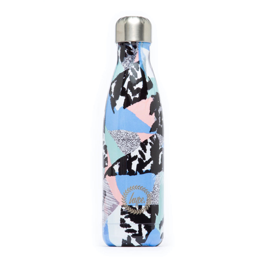 Hype Pastel Abstract 17.5 ounce aluminum and stainless steel insulated water bottle with a graphic pastel, black & white abstract print, front view with hype crest.