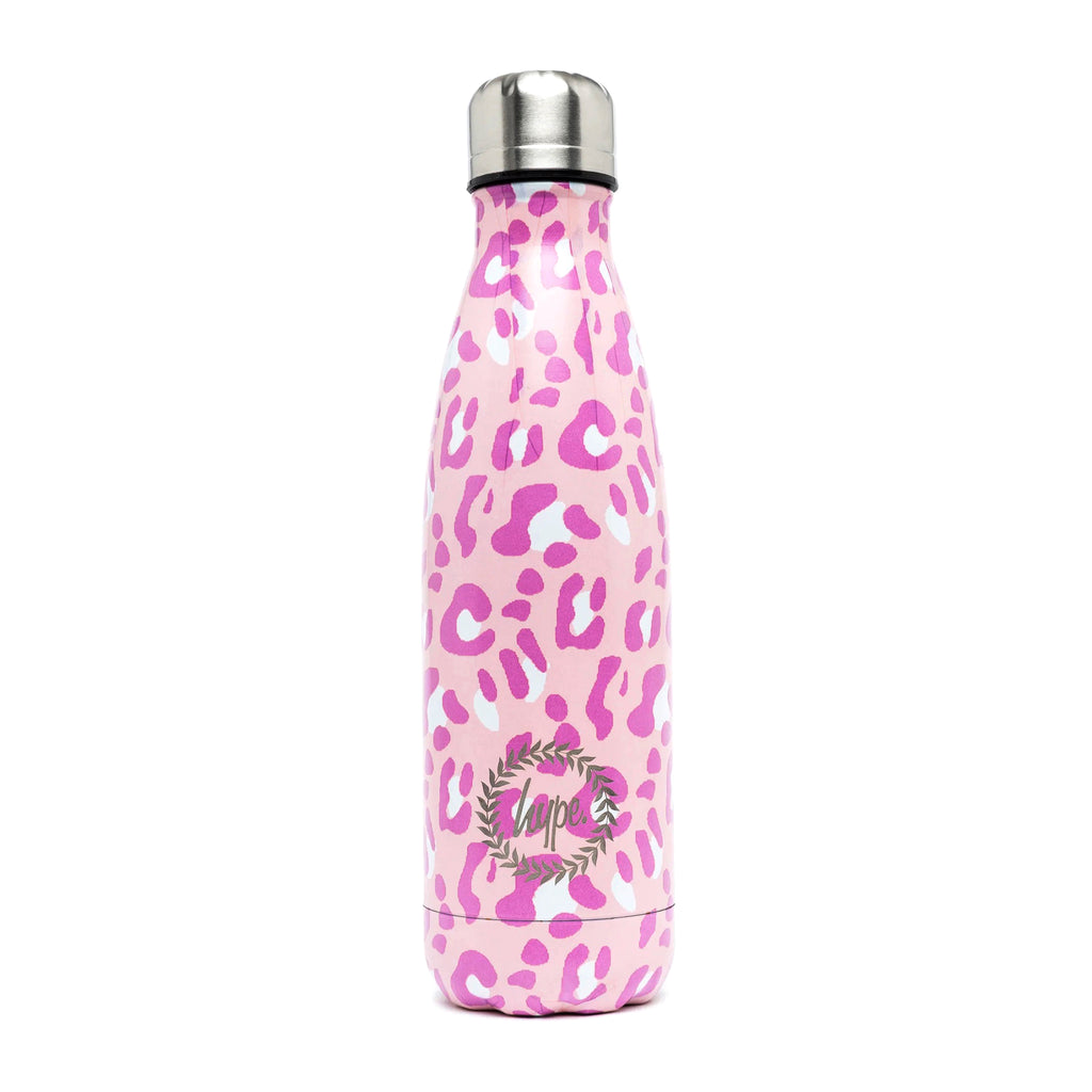 Hype 17.5 ounce aluminum and stainless steel insulated water bottle in a pink tone on tone leopard print, front view with hype crest.