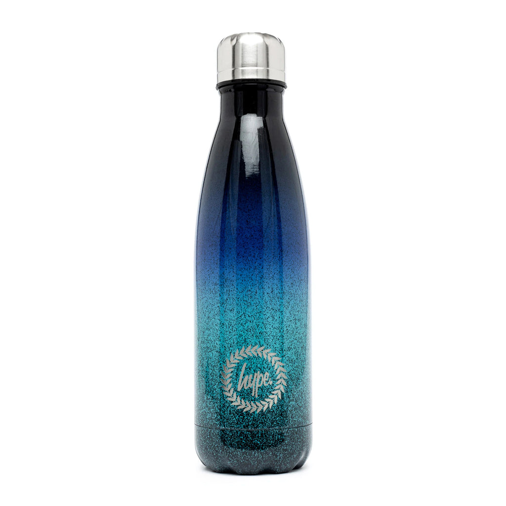 Hype Blue Speckle Fade 17.5 ounce aluminum and stainless steel insulated water bottle with a dark blue to aqua blue ombre speckled print, front view with hype crest.