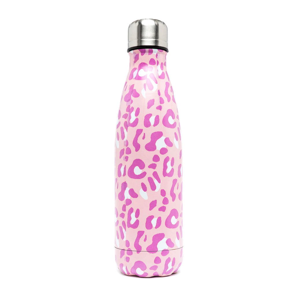 Hype 17.5 ounce aluminum and stainless steel insulated water bottle in a pink tone on tone leopard print, back view.