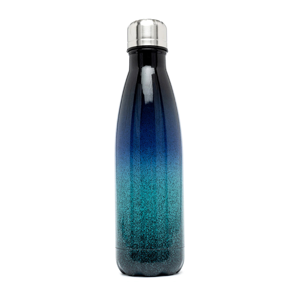 Hype Blue Speckle Fade 17.5 ounce aluminum and stainless steel insulated water bottle with a dark blue to aqua blue ombre speckled print, back view.