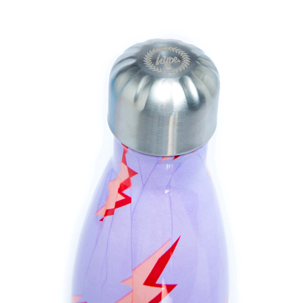 Hype 17.5 ounce aluminum and stainless steel insulated water bottle in Lilac Lightning with an all-over lightning bolt print in pastel pink, peach and red, detail view of stainless steel screw lid with hype crest.