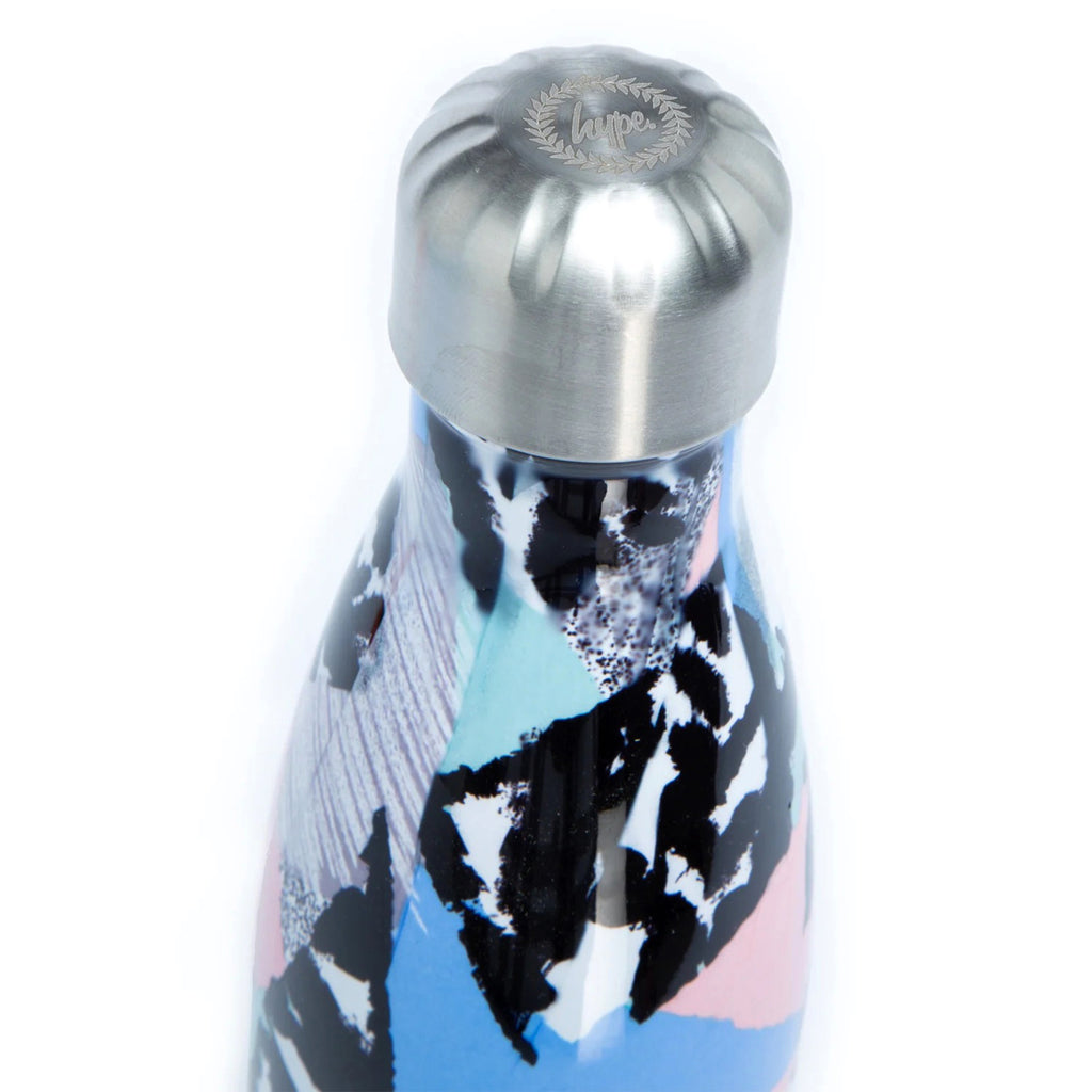 Hype Pastel Abstract 17.5 ounce aluminum and stainless steel insulated water bottle with a graphic pastel, black & white abstract print, detail of stainless steel screw lid with hype crest.