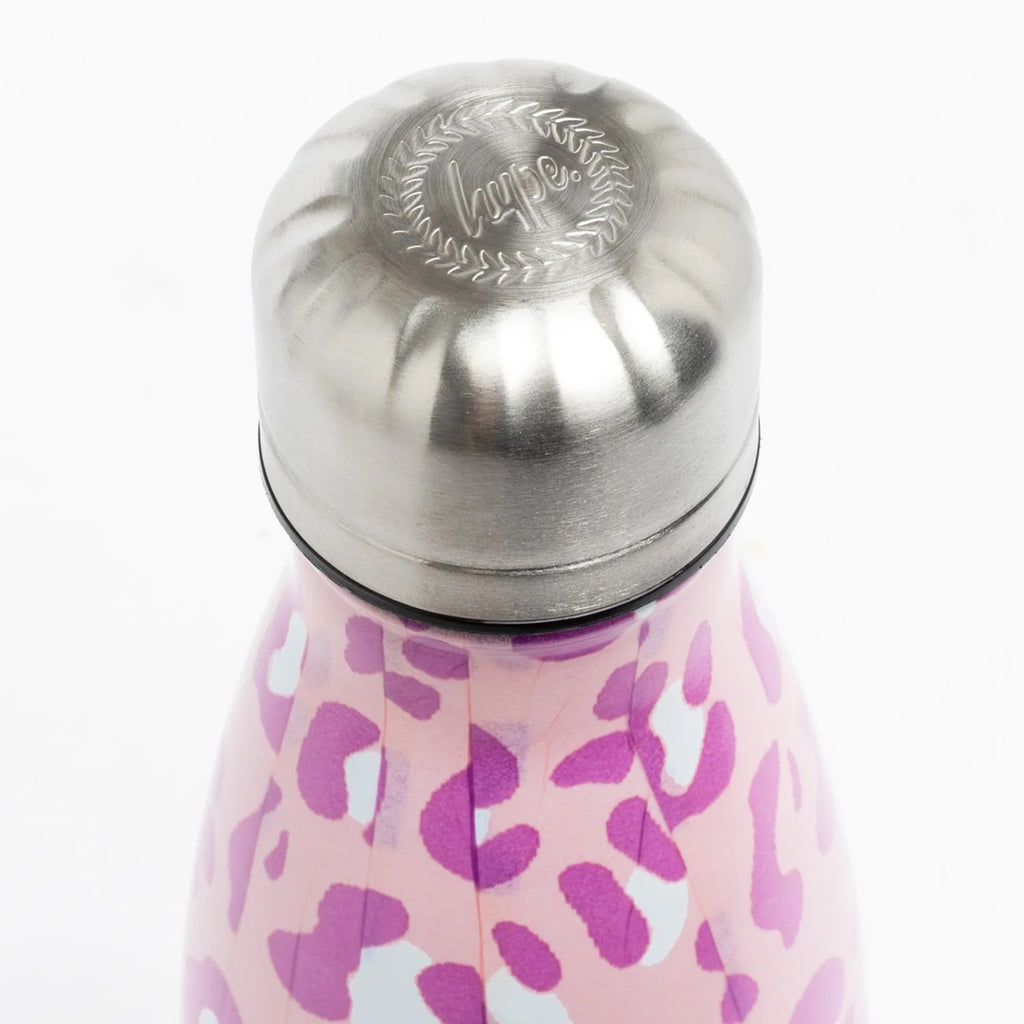 Hype 17.5 ounce aluminum and stainless steel insulated water bottle in a pink tone on tone leopard print, detail view of stainless screw lid with hype crest.