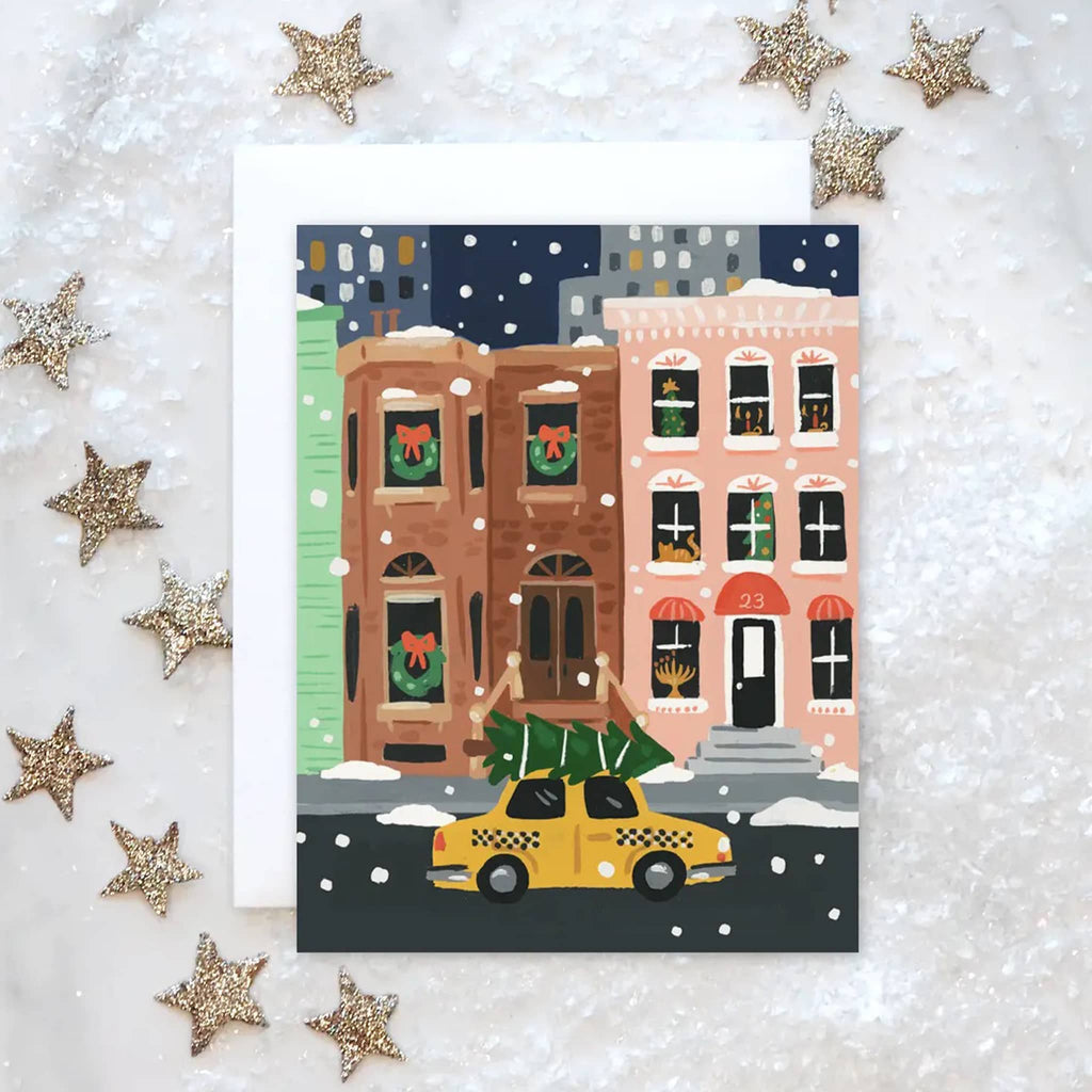 Illustration of a snowy city street with a taxi carrying a Christmas tree, surrounded by decorative stars.