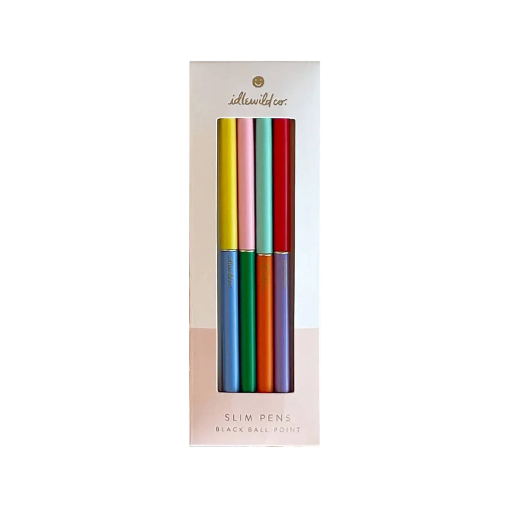 Idlewild rainbow duo-tone barrel slim ballpoint pens with black ink, set of 4 in packaging.