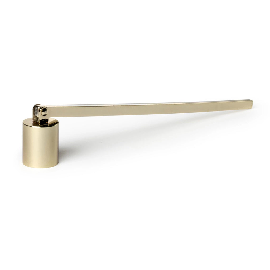 Illume metal candle snuffer with shiny gold finish.
