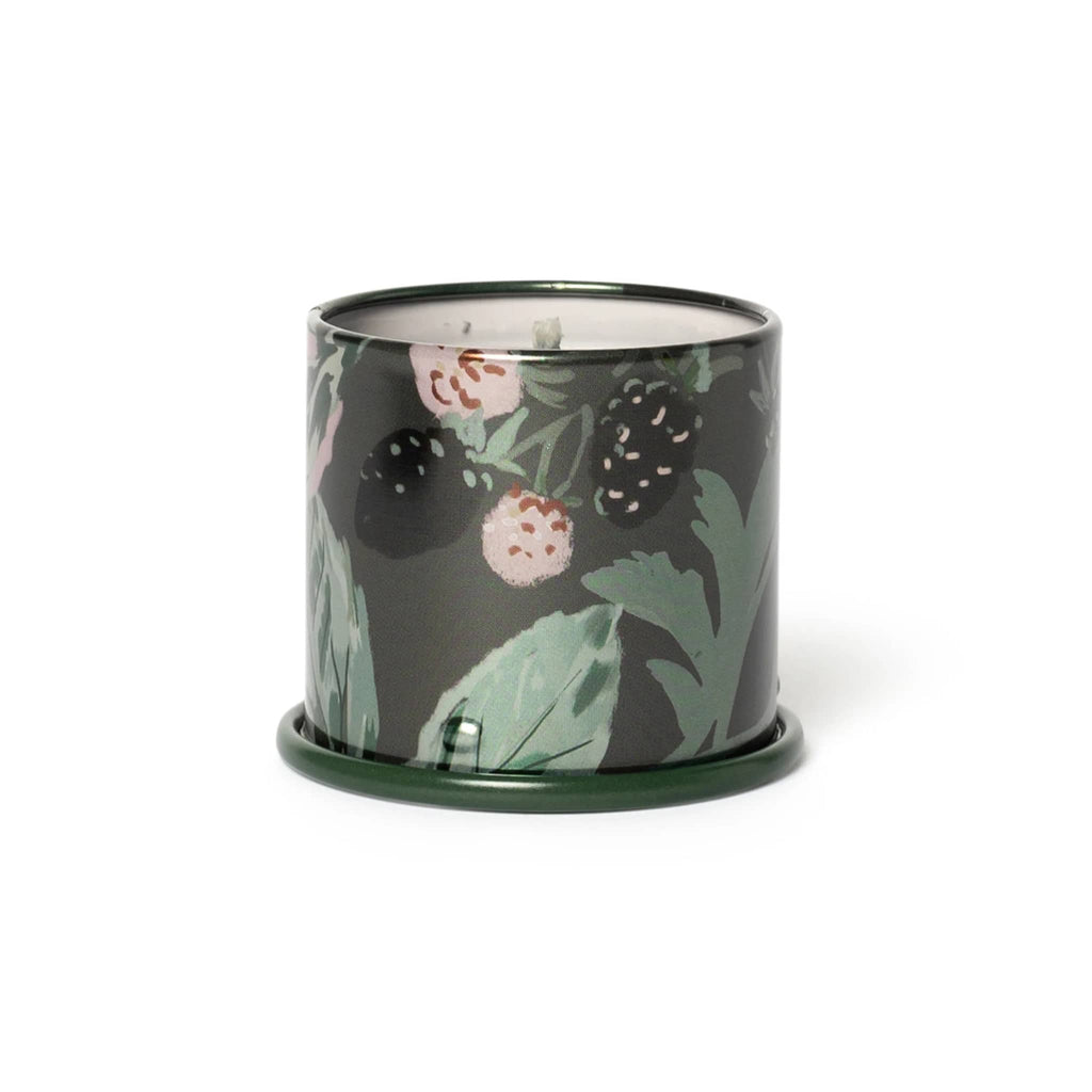 Candle in a dark green decorative tin container with blackberry design on a white background.