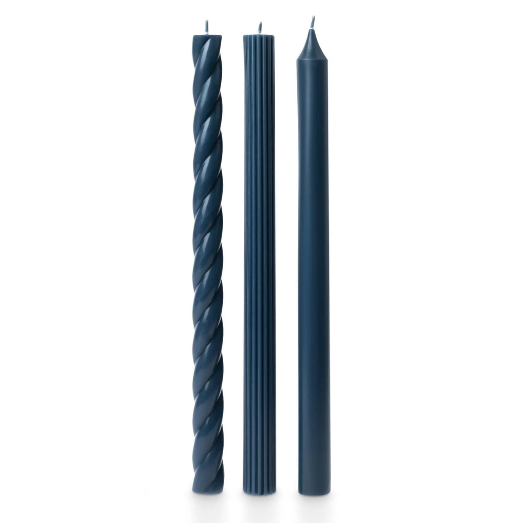 Illume Hidden Lake Deep Blue Set of 3 taper candles in assorted textures.