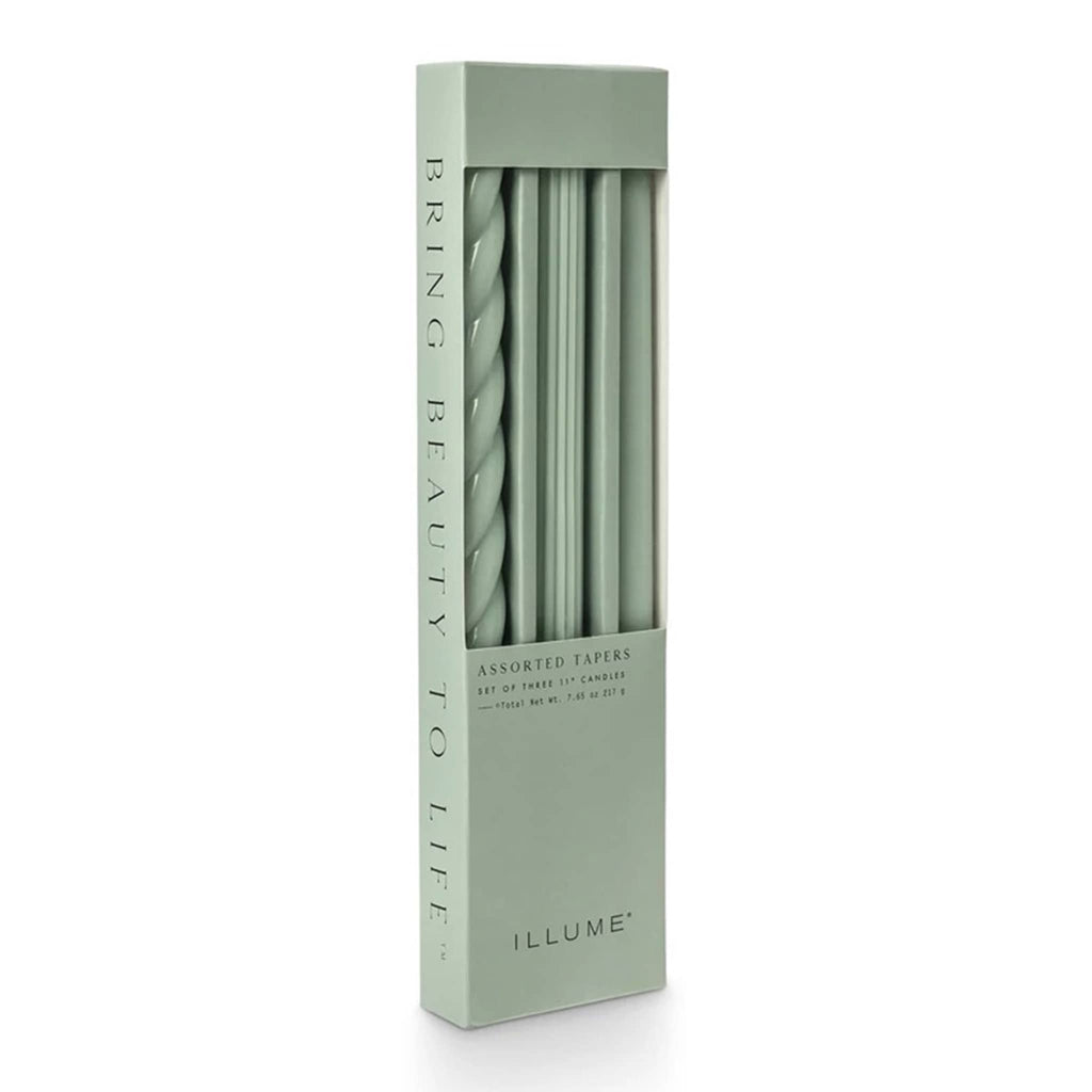 Illume Mint Green Set of 3 taper candles in assorted textures in box packaging, front view.