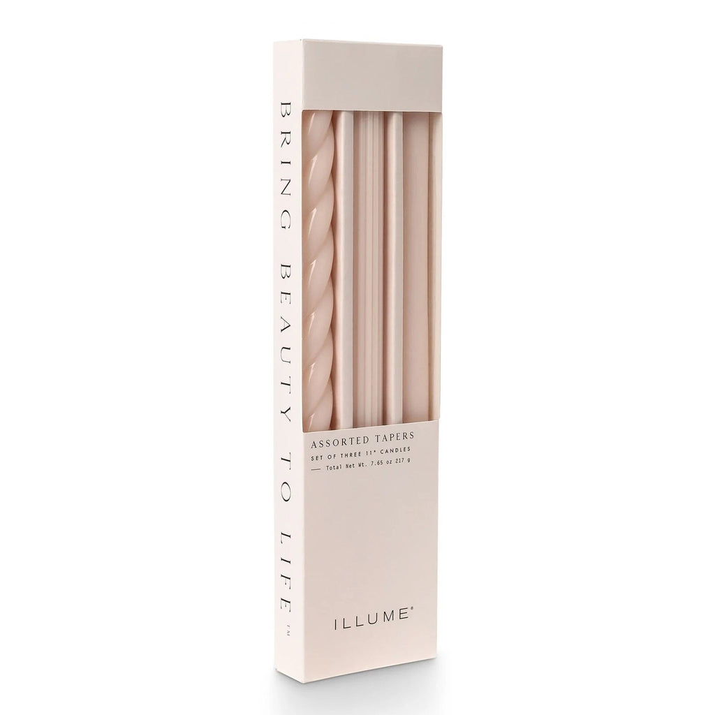 Illume Pale Blush Pink Set of 3 taper candles in assorted textures in box packaging, front view.