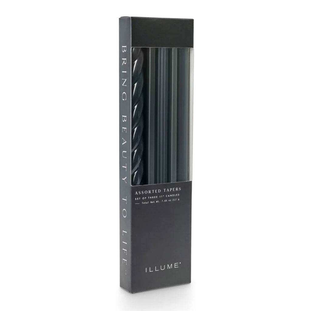 Illume Black Set of 3 taper candles in assorted textures in box packaging, front view.
