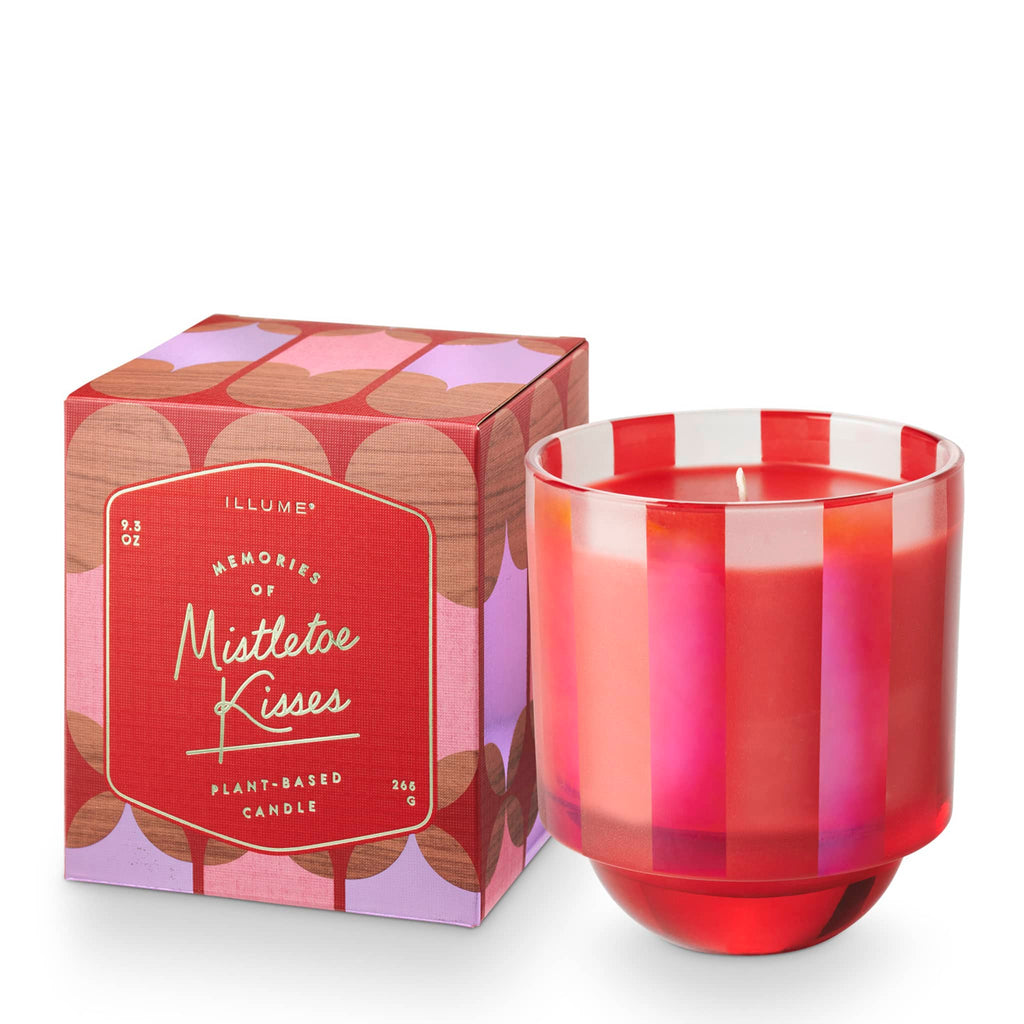 Illume Memory Lane Mistletoe Kisses holiday scented soy wax candle in matte striped glass vessel with gift box.