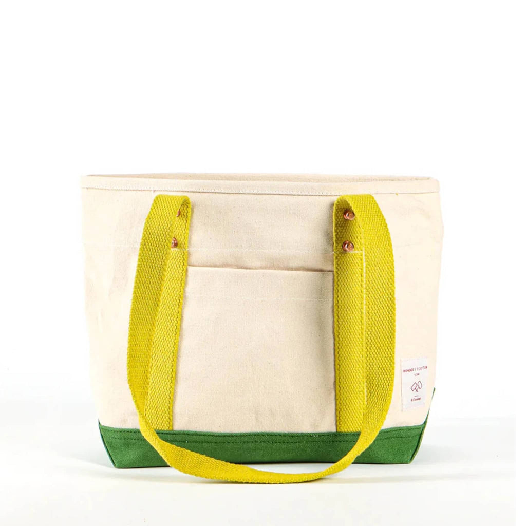 Natural canvas tote bag with green base and chartreuse straps, front view, on a white background.