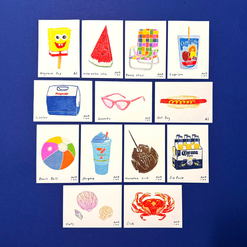 Set of illustrations on a blue background, including SpongeBob, watermelon, beach chair, and other items.
