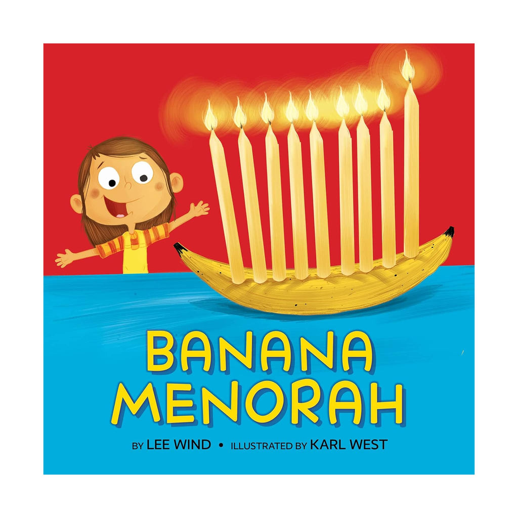 Book cover of 'Banana Menorah' with a cartoon character and lit candles in a banana, on a red and blue background.