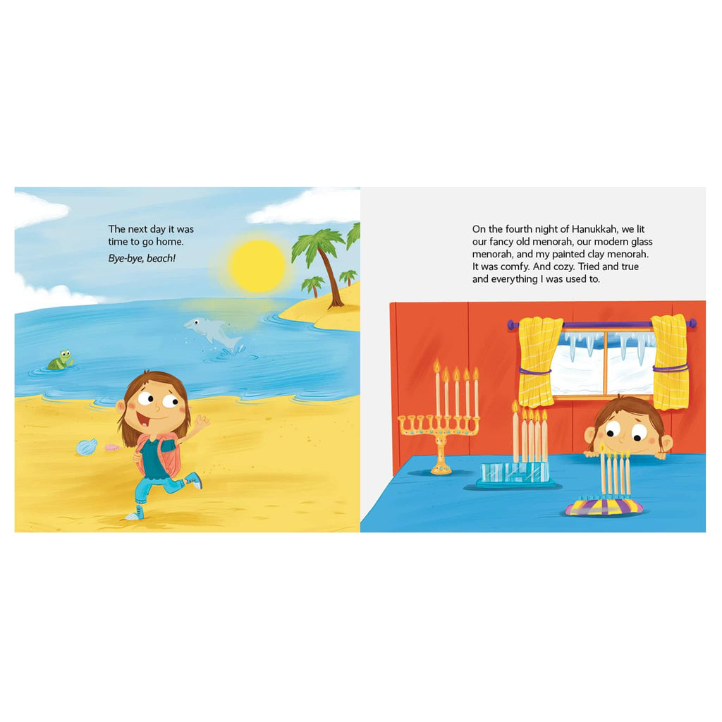 Illustrated book pages showing a child at the beach and another child with a menorah indoors.