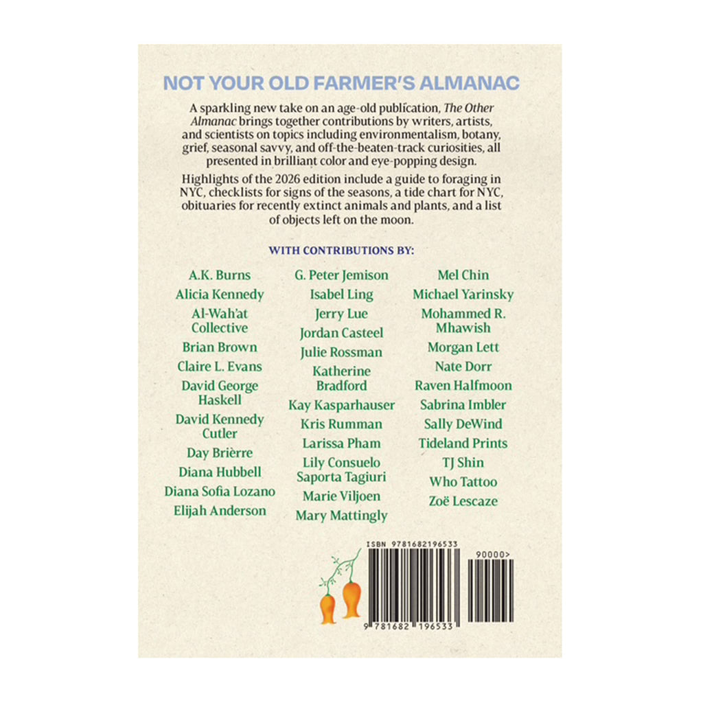 Back cover of the 2026 The Other Almanac with contributors list.