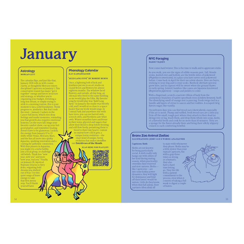 Almanac page for January with colorful design and text on a white background.