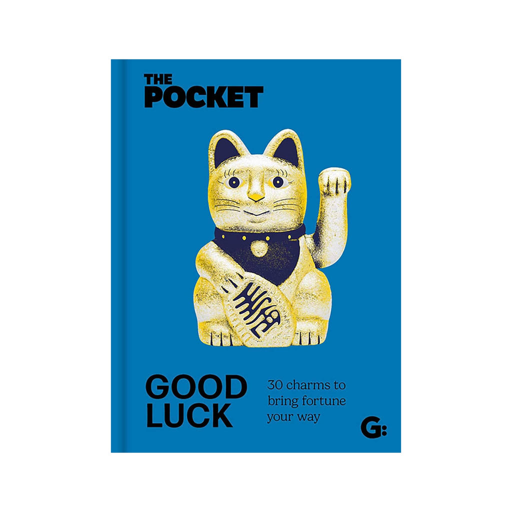 Blue book cover with a gold lucky cat figure, on a white background.