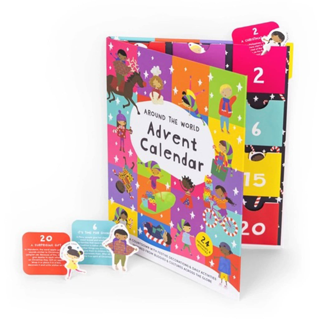 Around the World Advent calendar cover with colorful illustrations of children from different cultures with sample surprises, on a white background.