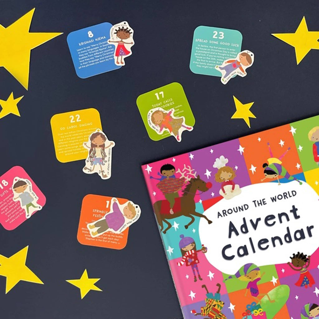 Advent calendar with colorful ornaments and info cards, on a dark background.