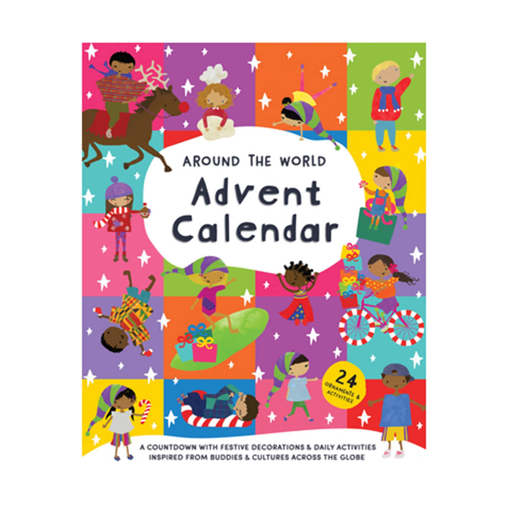 Around the World Advent calendar cover with colorful illustrations of children from different cultures on a white background.
