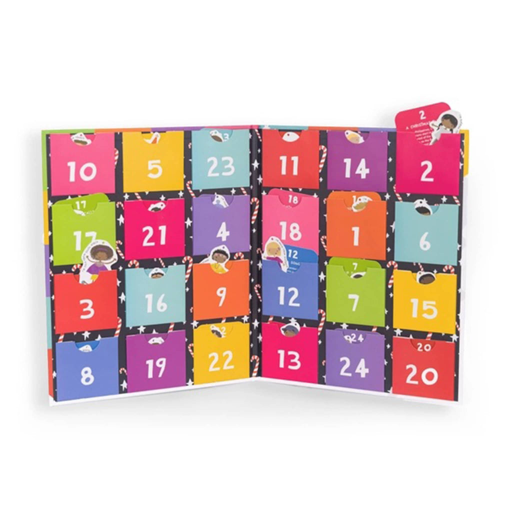 Colorful advent calendar with numbers on a white background.